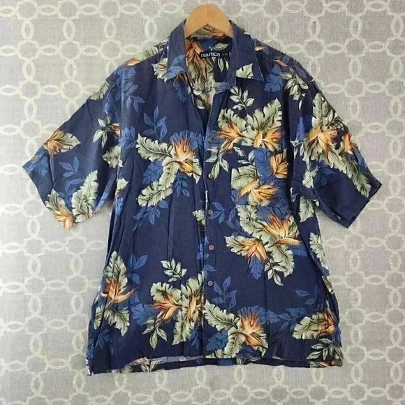 Nautica Cotton Blend Hawaiian Floral Print Button Up Short Sleeve Shirt Men's L - Picture 1 of 6